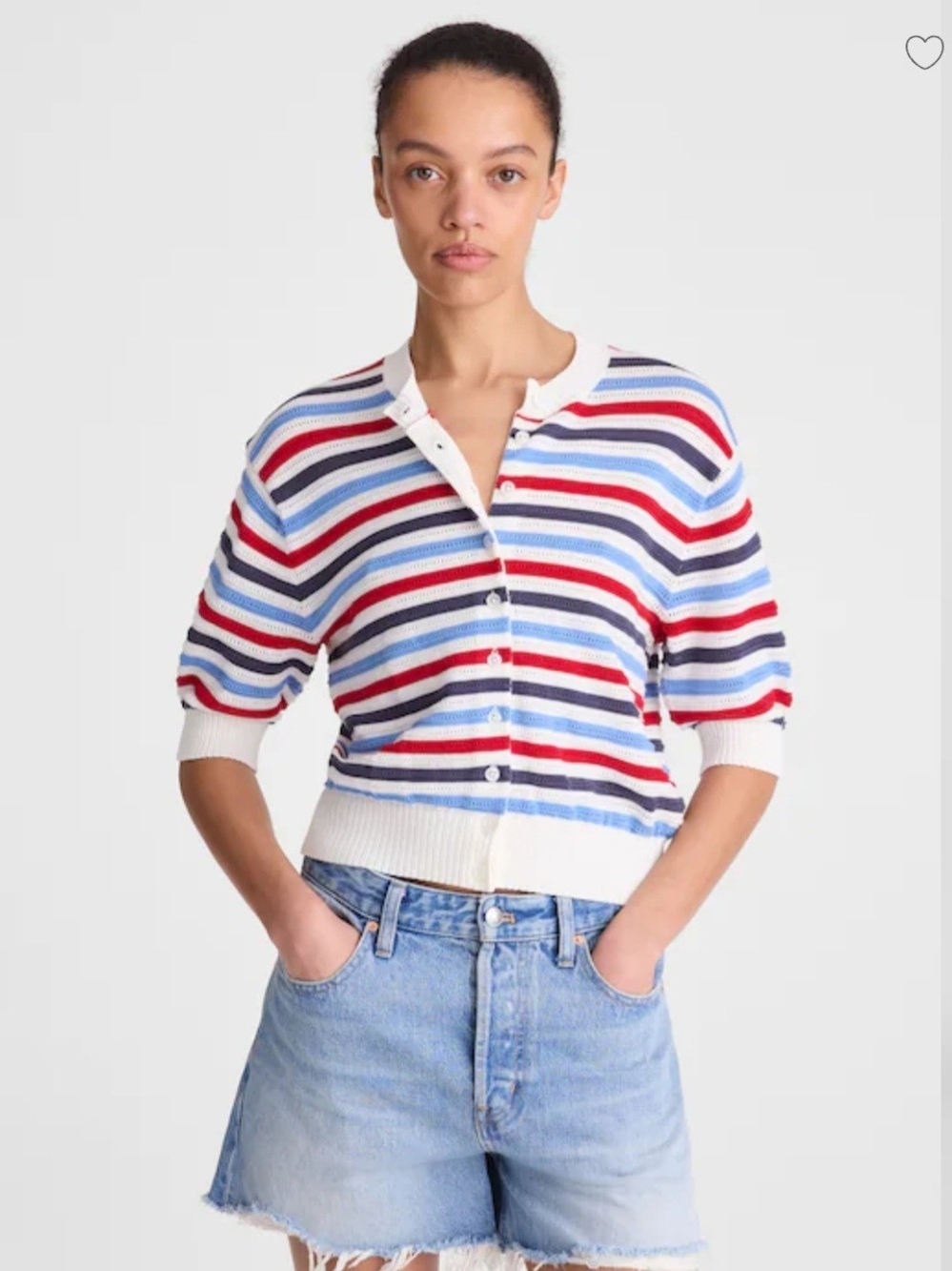 Madewell Striped Short-Sleeve Button Cardigan - Red, Blue, White
